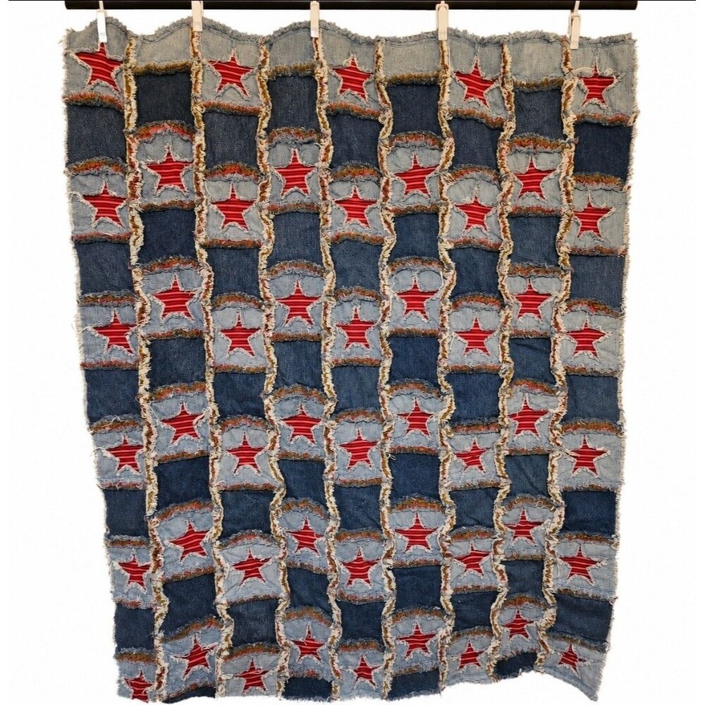 Americana Denim Patchwork Quilt Handmade With Stars 54”x43" Vtg Patriotic 250th
